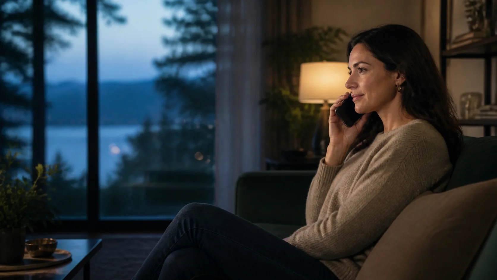 Person speaking privately by phone at home